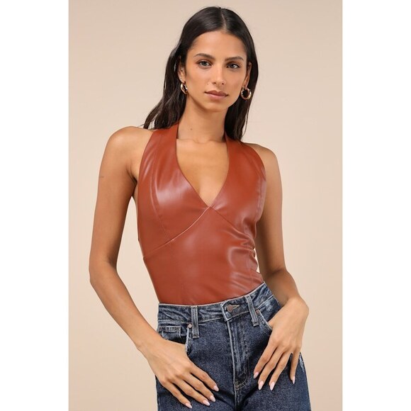 Lulus Sleek Outing Light Brown Vegan Leather Seamed Halter Top - Size S - Picture 1 of 8